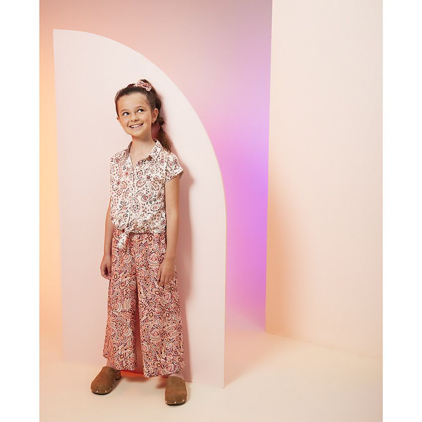 Chemise manches courtes forme boîte imprimé fantaisie pour fille - Ecru