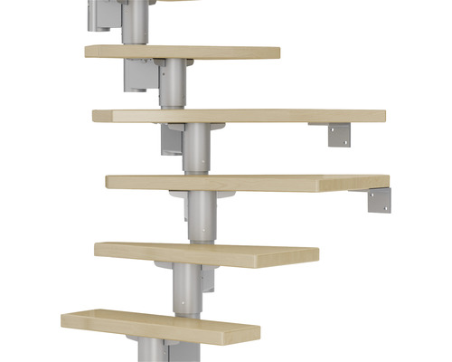 Pertura Spiros middentrap, parelgrijs, kwartslag, links/rechts onder, leuning 75 cm, esdoorn gelamineerd hout, gelakt, 11 treden / 12 stootborden