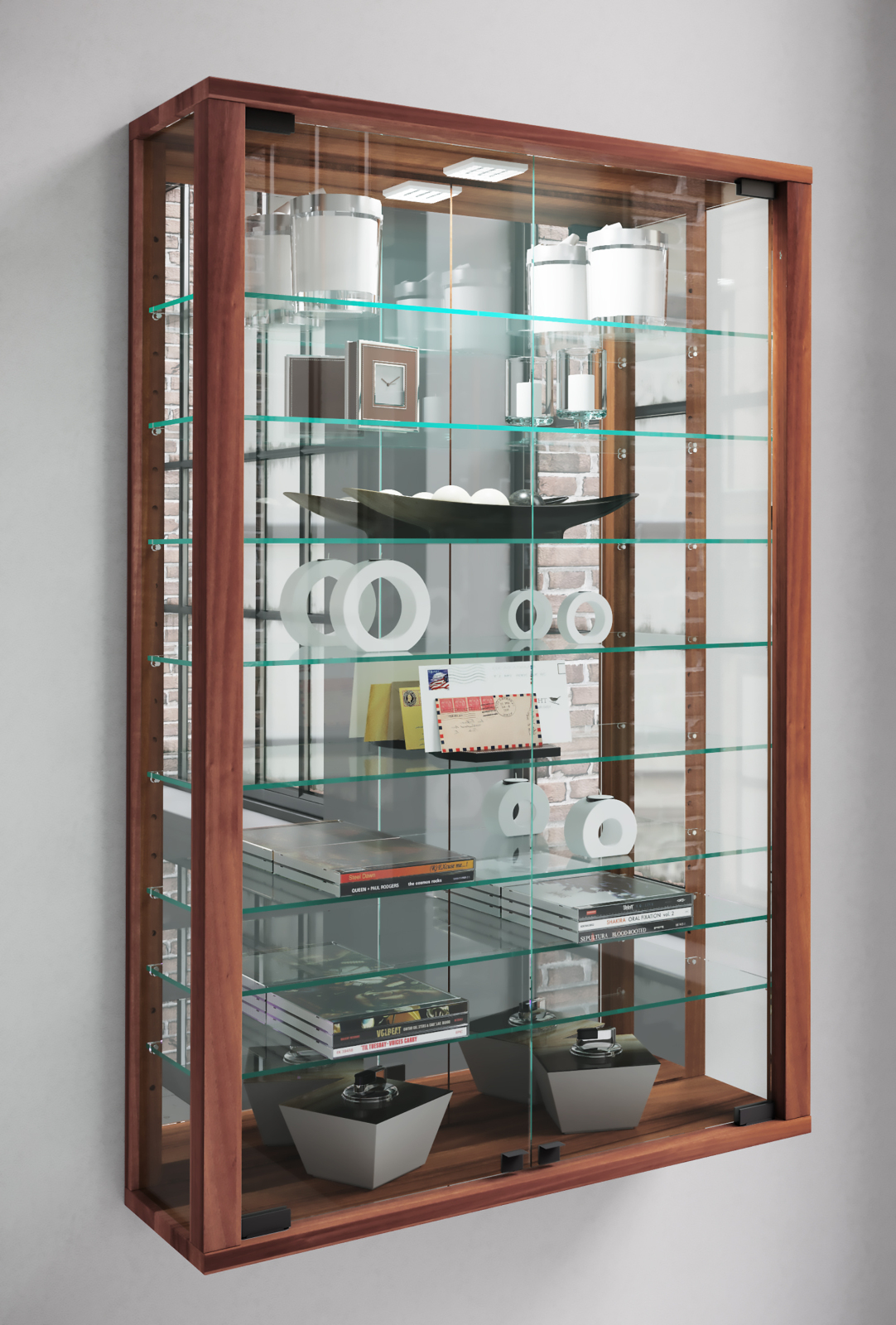 Wandvitrine VITROSA MINI - Kern-Nussbaum - inkl. LED-Beleuchtung - mit Spiegel