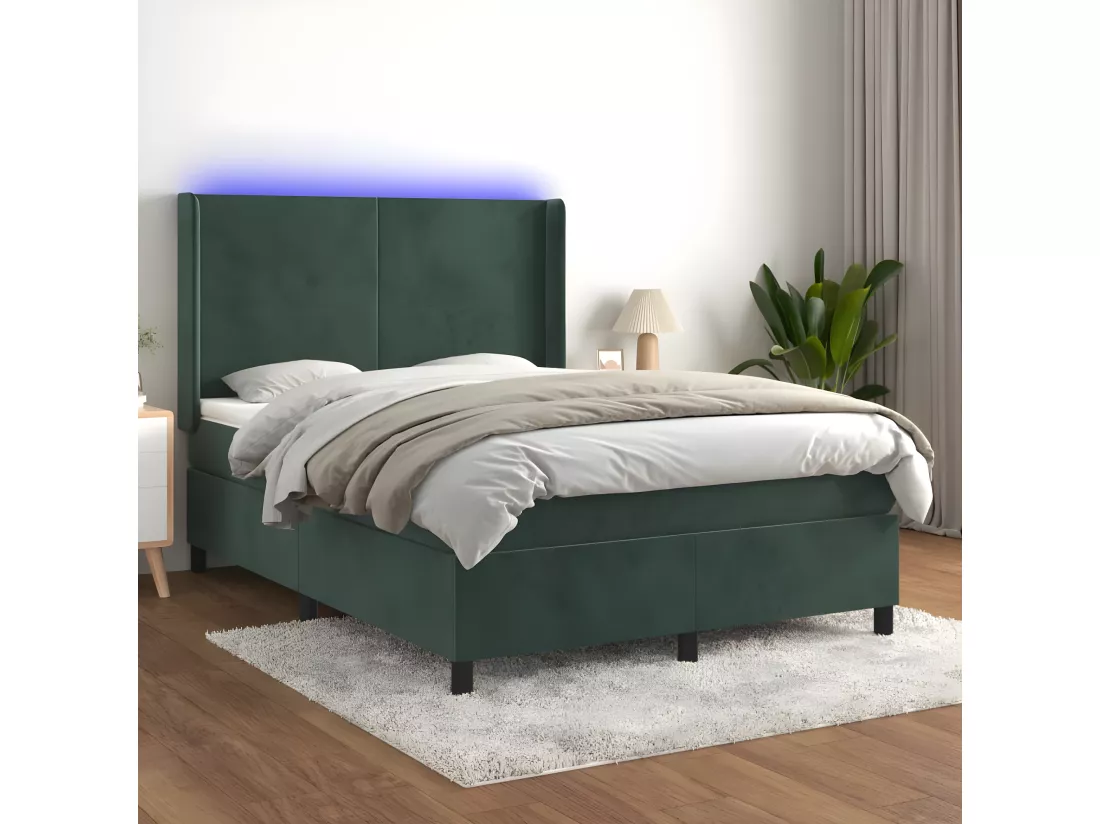 Sommier tapissier matelas et LED Vert foncé 140x200 cm Velours