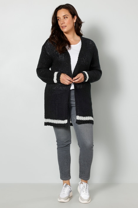 Strickjacke, offene Form, Streifenbündchen