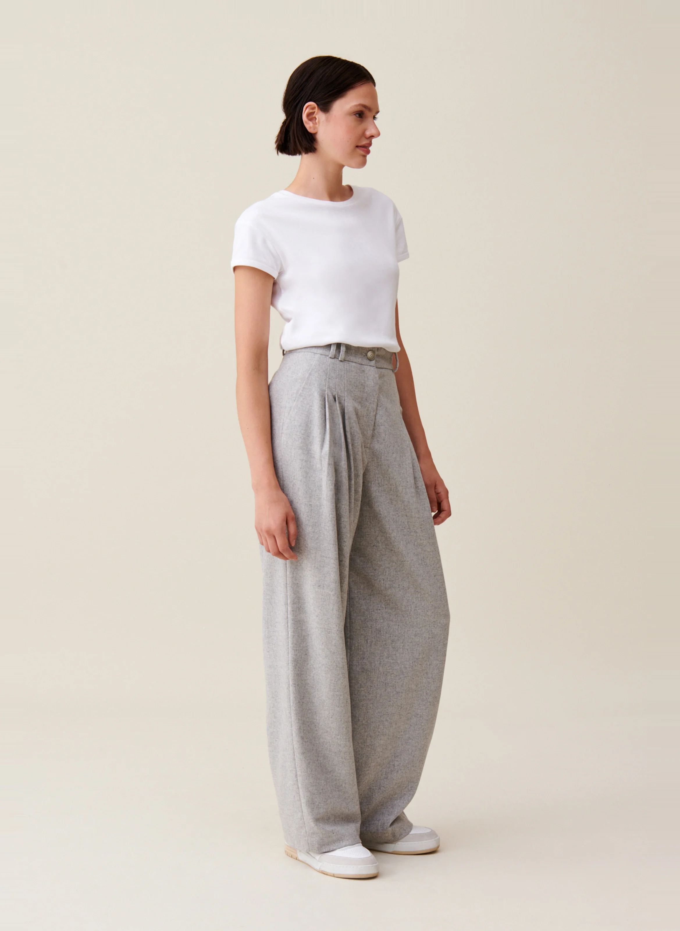 Pantalon large en laine mélangée | Gris