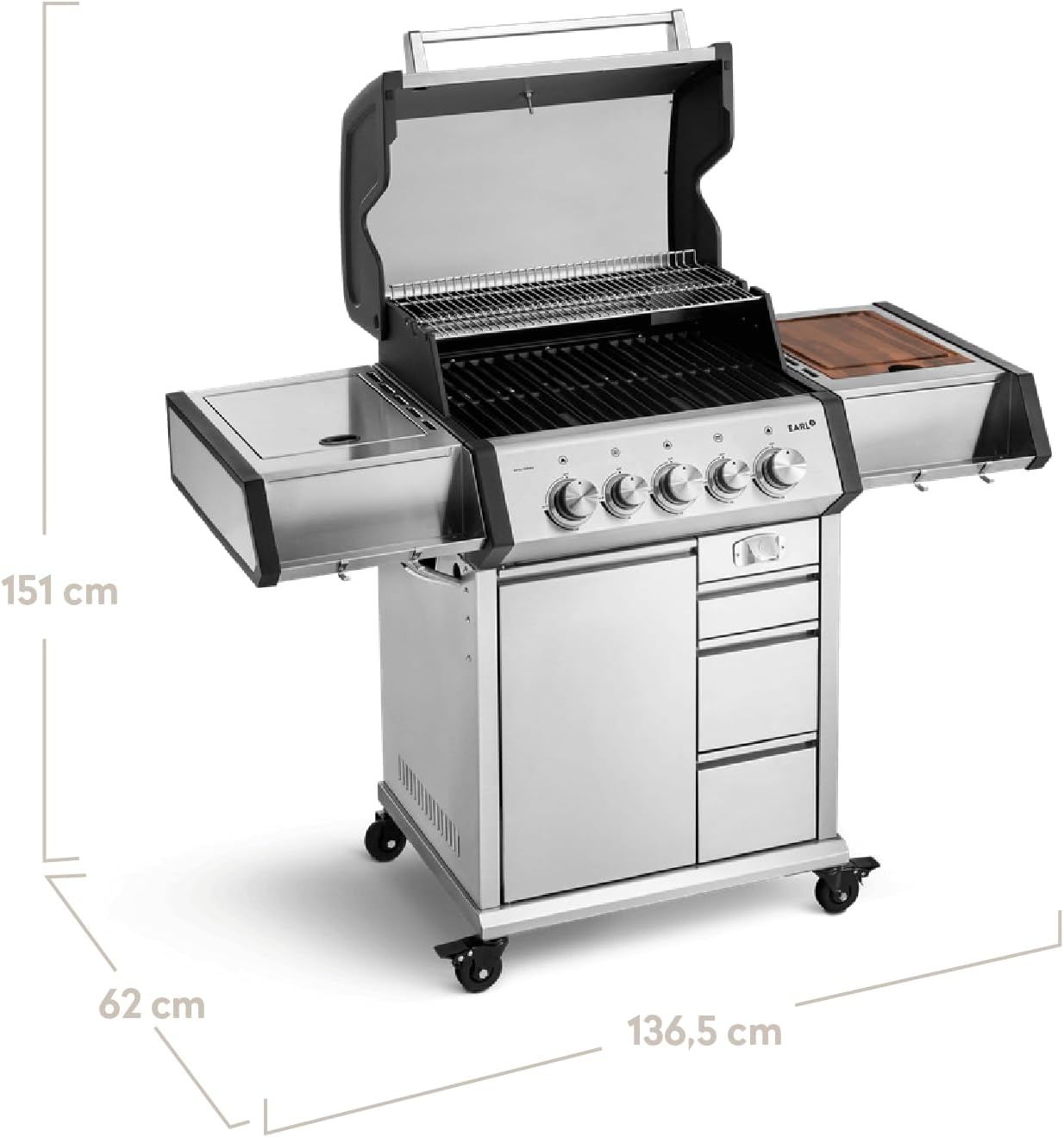 BURNHARD® 3-Brenner Gasgrill Edelstahl inkl. Heckbrenner, mit Gusseisen Grillrost & inkl. stabiler Abdeckhaube, Seitenkochfeld mit Infrarot Keramikbrenner - EARL