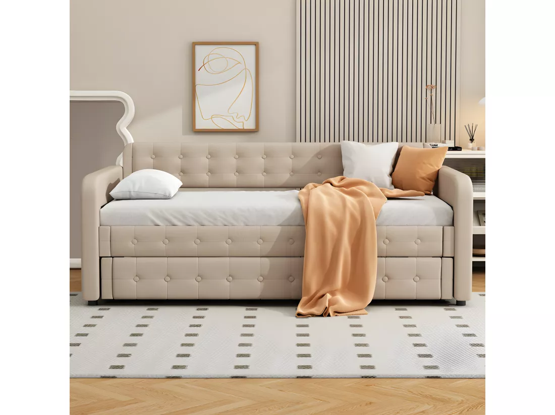 Lit gigogne 90x190/200cm en tissu de lin - avec sommier à lattes - Beige