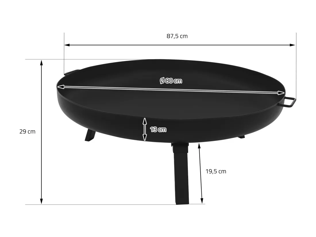 Bol à feu basero acier noir avec 3 pieds pliables foyer grille barbecue Ø80x29cm