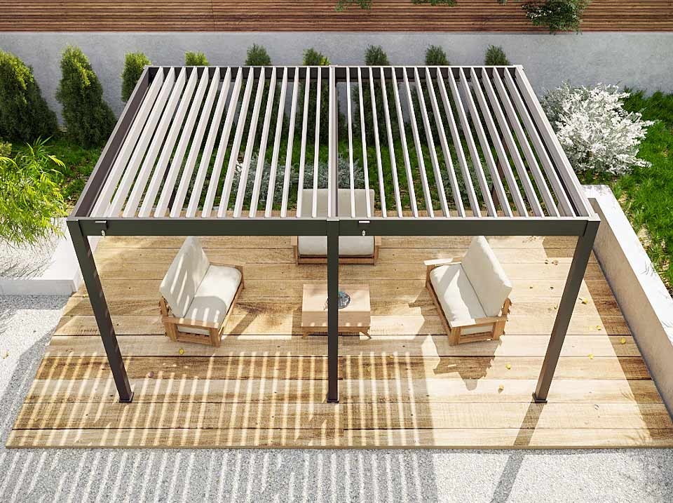 Pergola bioclimatique 3,6x5,3m - eclipse 19m² - gris - autoportee - lames en acier galvanisé - orientables de 0 à 120°