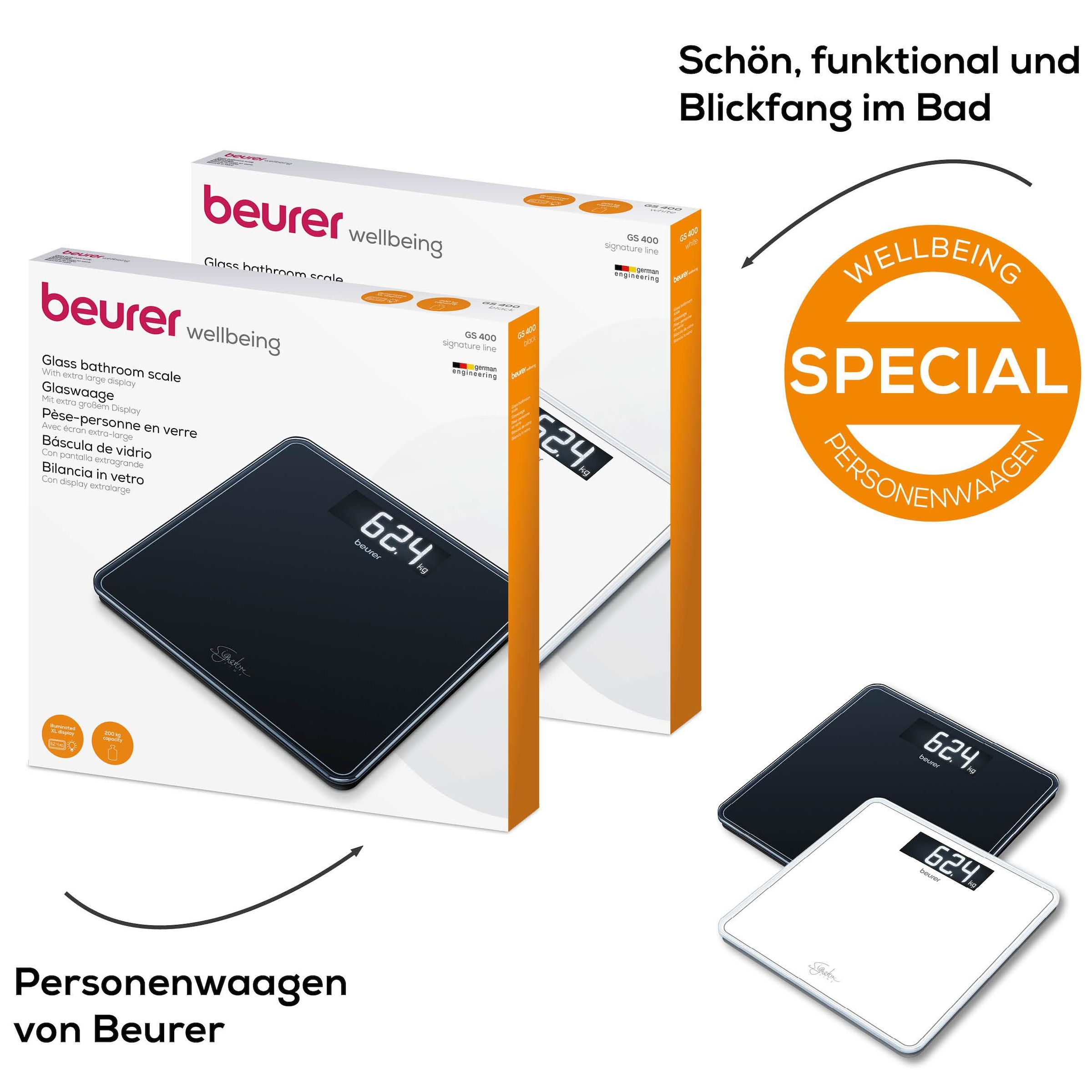 BEURER Personenwaage »GS 400, grosse Trittfläche mit 8 mm weissem Sicherheitsglas« XL-Display, Tragkraft bis 200 kg und praktische Einschaltautomatik