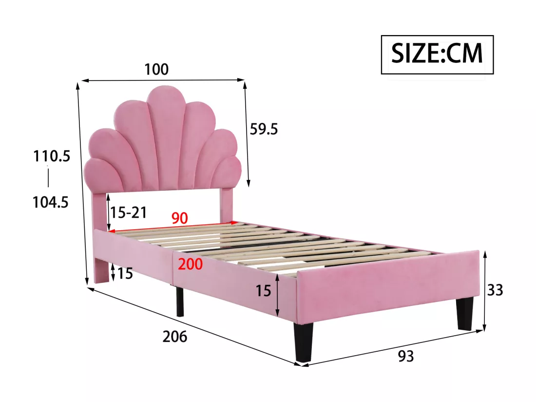 Lit coquillage avec tête de lit 90 x 200 cm en velours, sommier à lattes inclus, rose