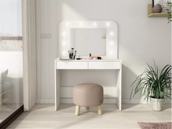 Coiffeuse JOSEPHINE - Miroir à LEDs et rangements - Blanc