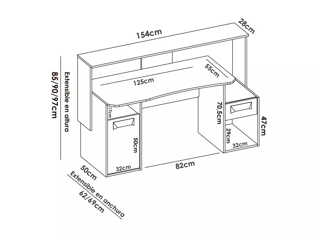 Bureau Manos, bureau de jeu multifonction moderne, table d'étude pour PC et support CD, 154x69h98 cm, Anthracite, sans lumières LED