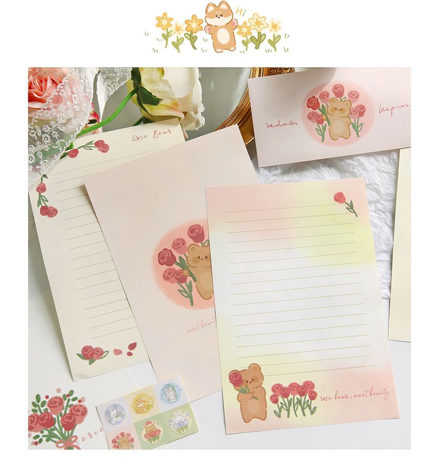 Schattige essentials - Set: Cartoon Print Envelop + Briefpapier + Bladwijzer + Sticker (verschillende ontwerpen)