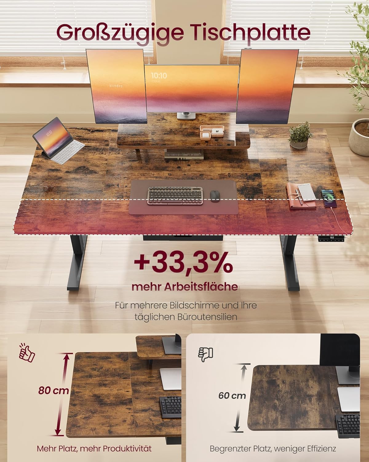 VASAGLE Höhenverstellbarer Schreibtisch, 140 x 70 cm, flexibel montierbarer Monitorständer, Schublade, USB-C-Anschluss, Erinnerung bei langem Sitzen, für Büro, vintagebraun LSD154KD01