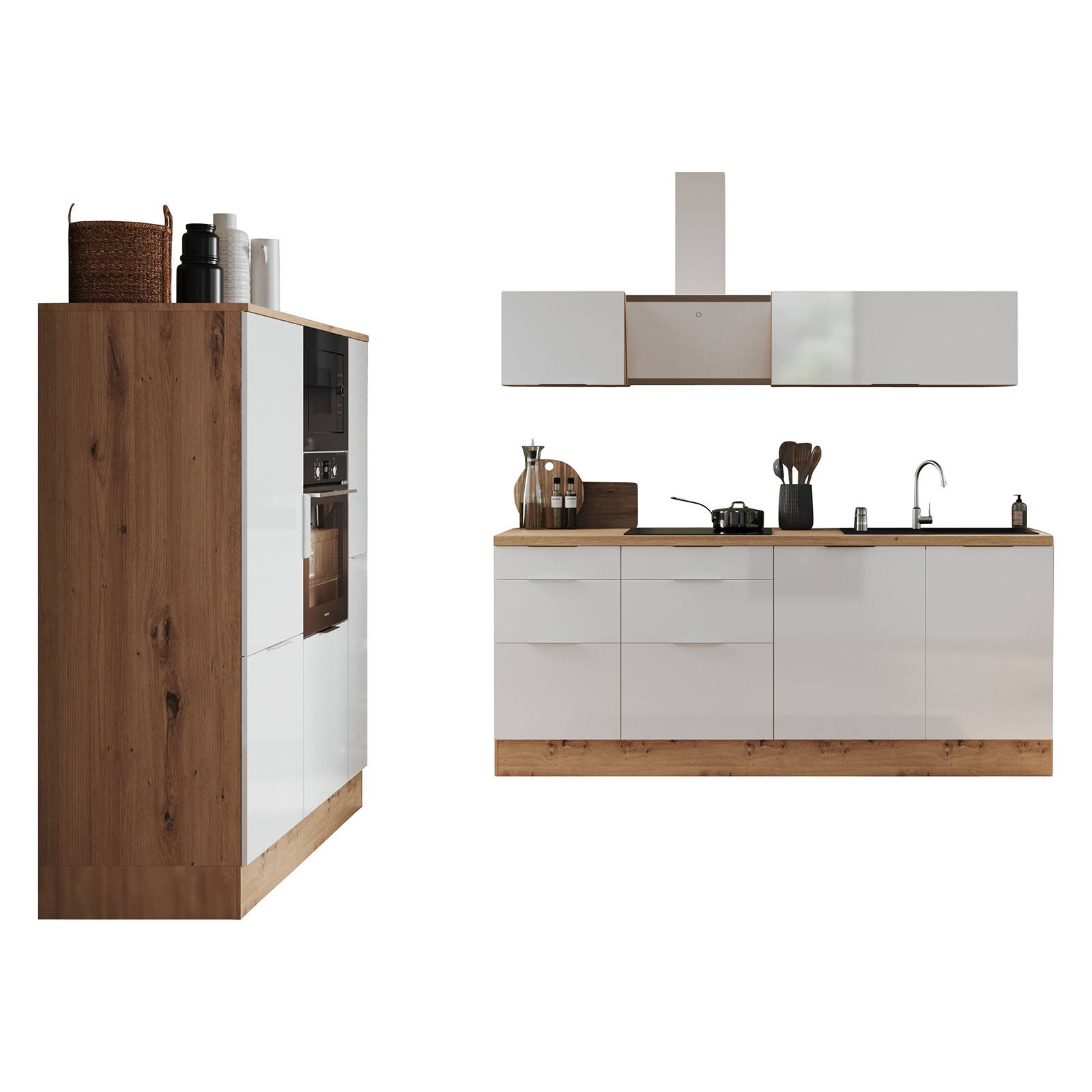 RESPEKTA Küchenblock - weiß Hochglanz - Artisan Eiche - mit E-Geräten - 370 cm
