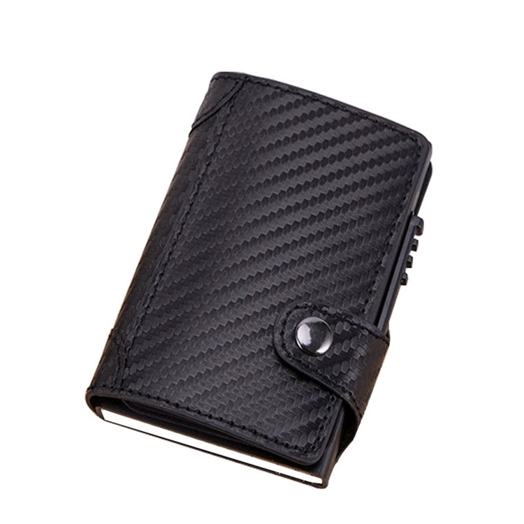Mini Kreditkarten Leder Etui Geldbörse mit Kartenauswurf-Mechanismus für 8 Karten (RFID Schutz) - Schwarz / Carbon