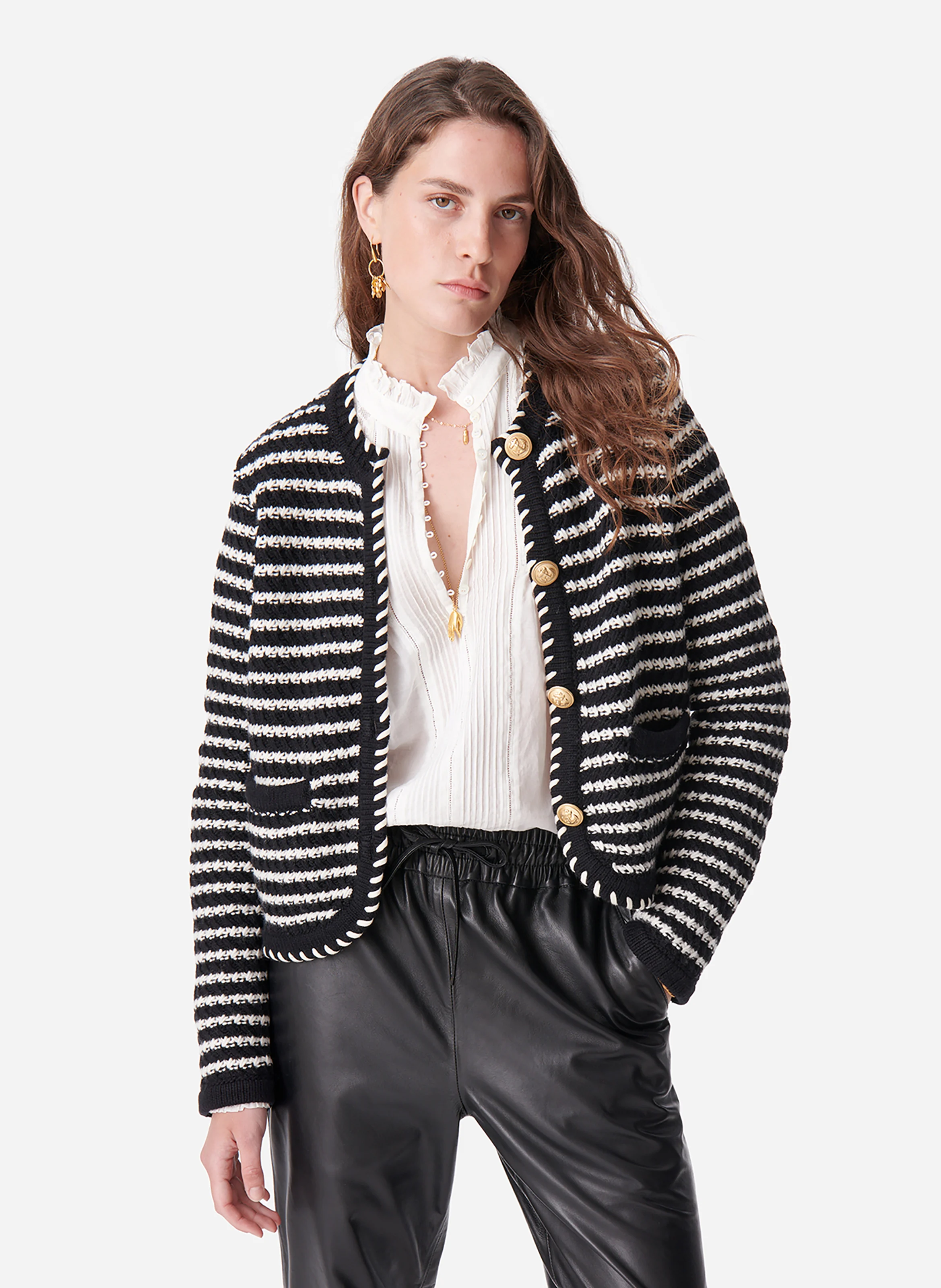 DAYA - Gilet col rond droit en laine et coton mélangé | Noir