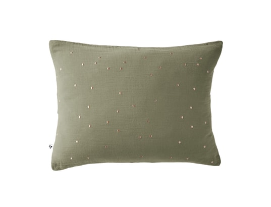 TERRE DE NUIT - Taie d'oreiller à pois brodés double gaze de coton kaki 60 x...