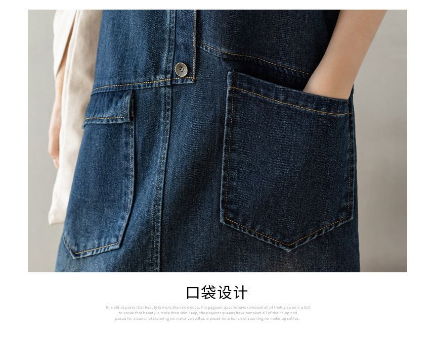 Happo - Gewassen halfknoops midi A-lijn overall denim jurk