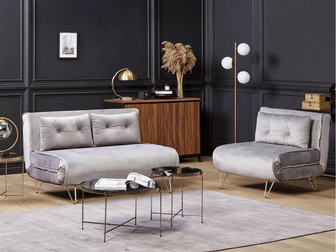 Ensemble de canapés BZ 2 + 1 places en velours gris VESTFOLD