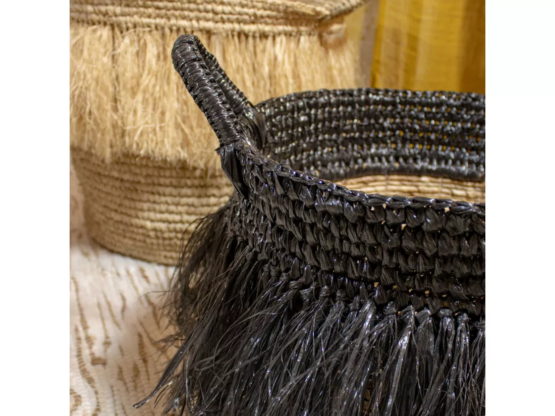 Now's Home - Panier En Abaca Naturel A Franges Noires Petit Diam 30cm X Ht 36cm Zalo