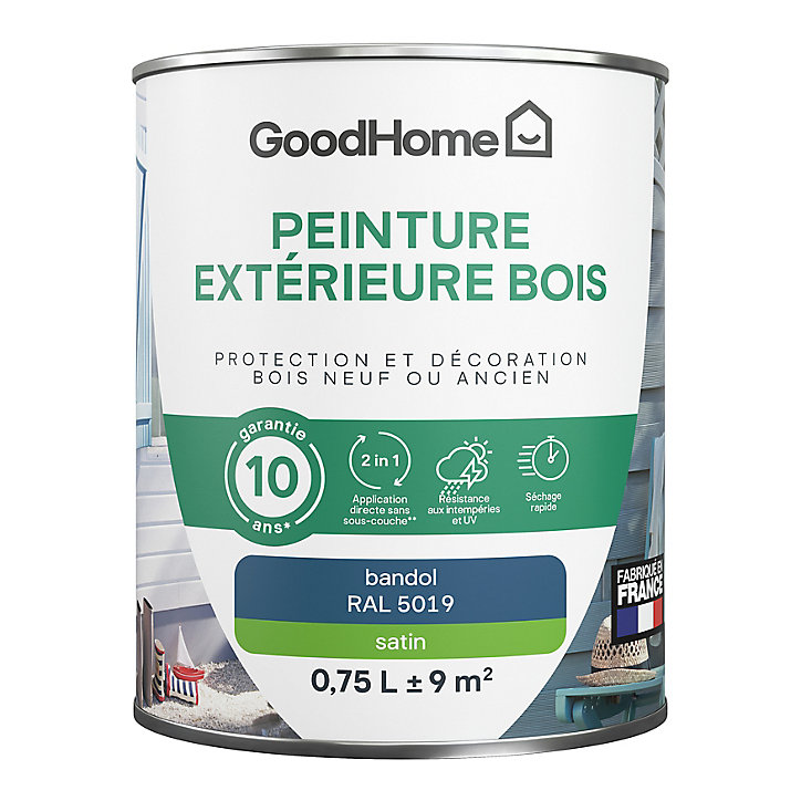 Peinture extérieure bois GoodHome Bandol bleu satin 0.75L