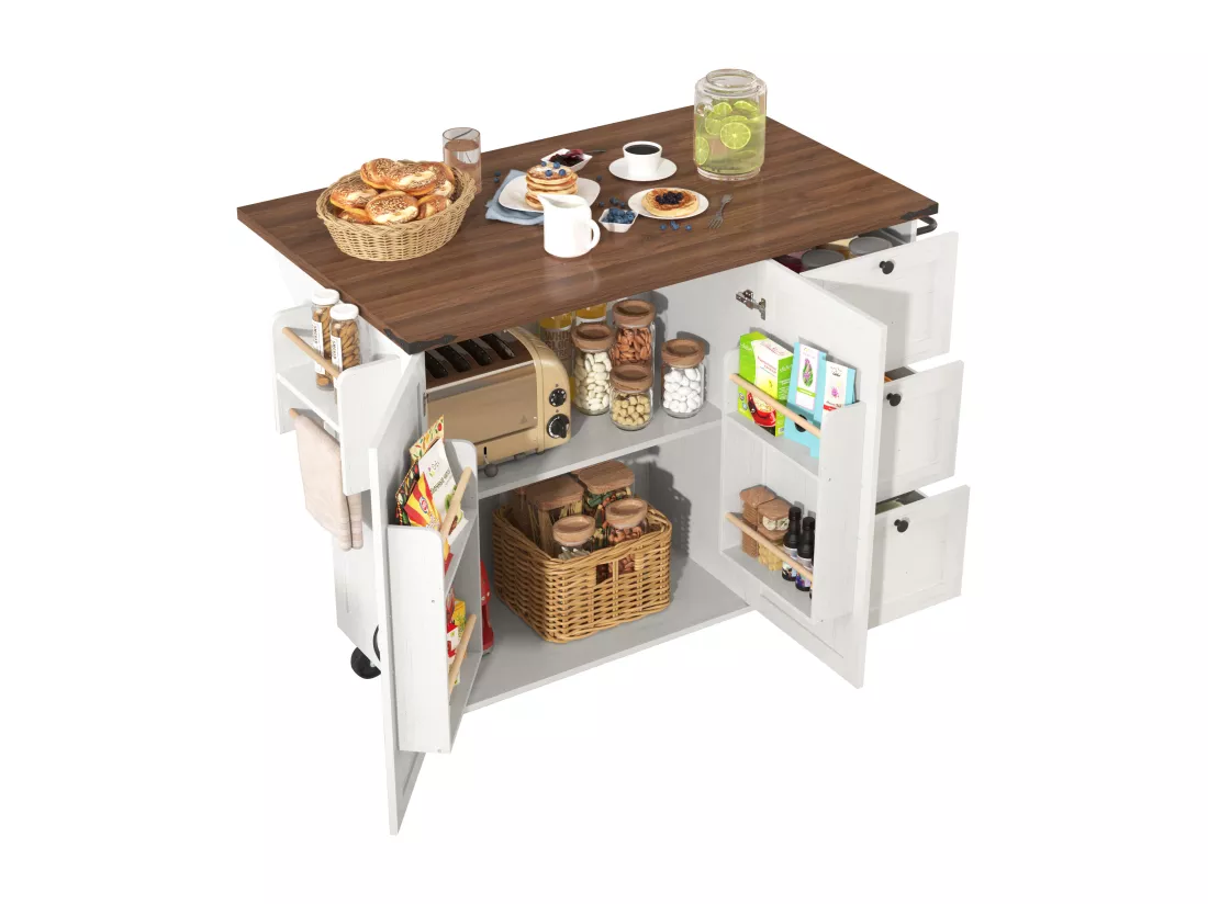 Ilot central de cuisine mobile avec 2 portes et 3 tiroirs - plateau extensible - 140 x 45/73 x 92.5 cm - Bois MDF + métal - Blanc + naturel