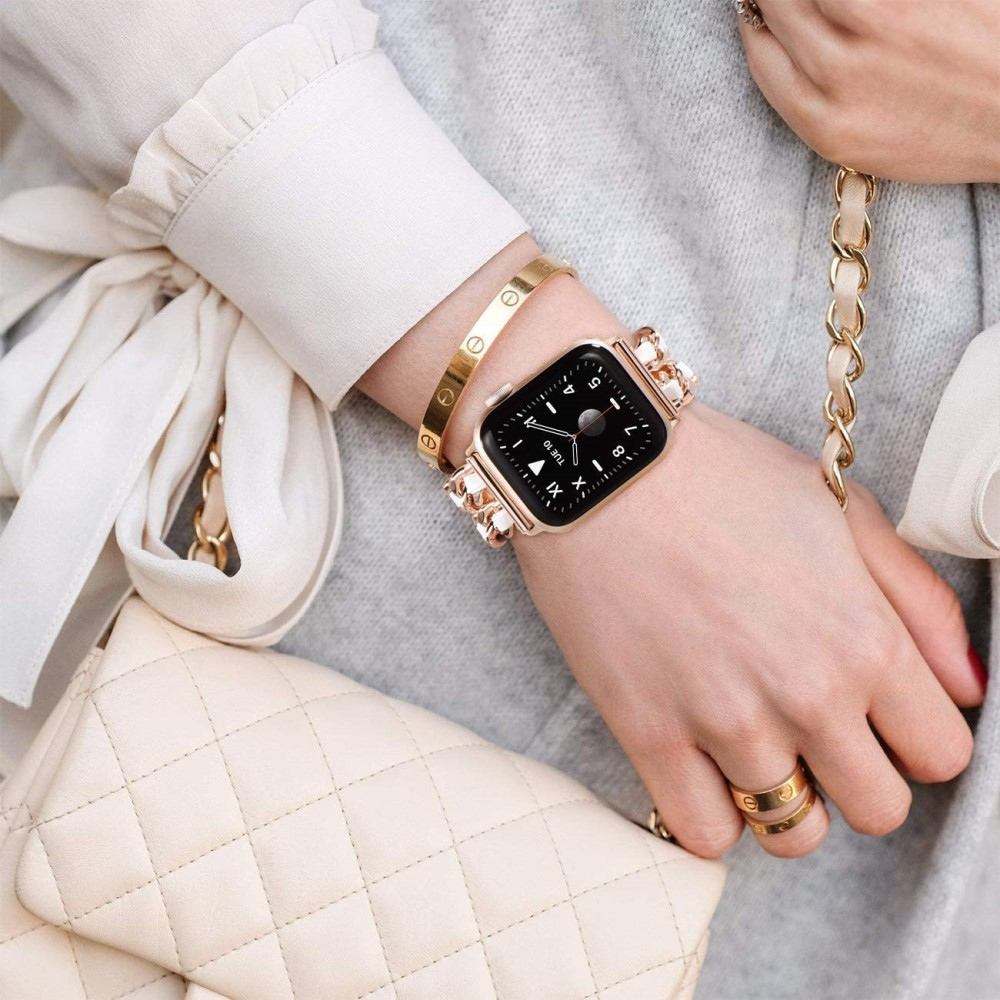 Apple Watch (42/41/40/38 mm) Edelstahl Armband mit Lederband - Roségold / Weiss
