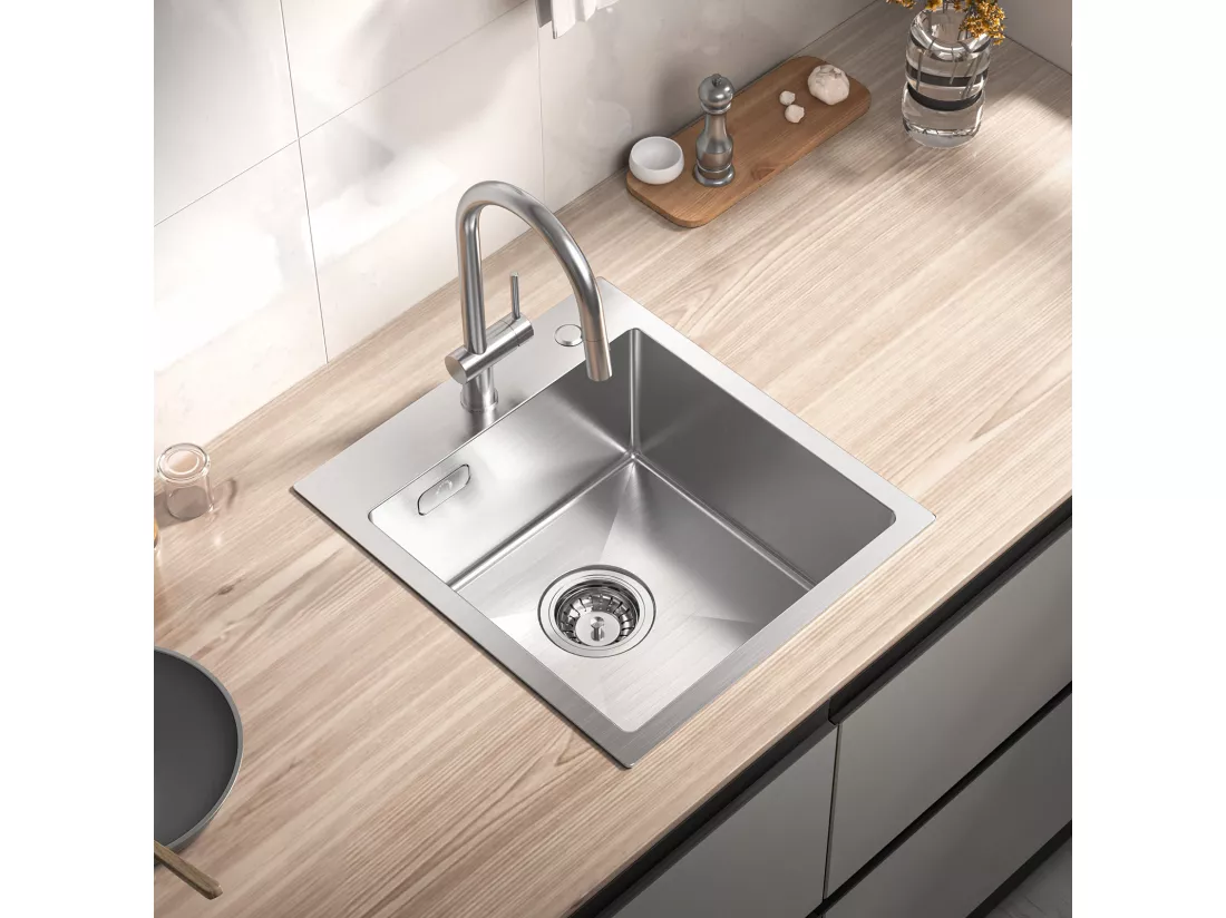 Cecipa max Évier 1 Bac 40 × 45 cm Évier Inox Brossé 1 Cuve + Mitigeur de Cuisine avec Douchette Extractible Robinet avec 2 Modes de Sortie D'eau