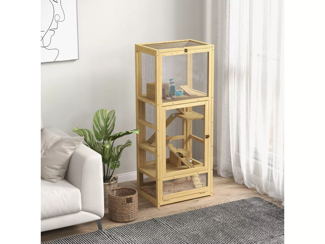 Cage pour rongeurs petits animaux en bois 5 niveaux - échelle, niche, balançoire, plateau amovible, abreuvoir
