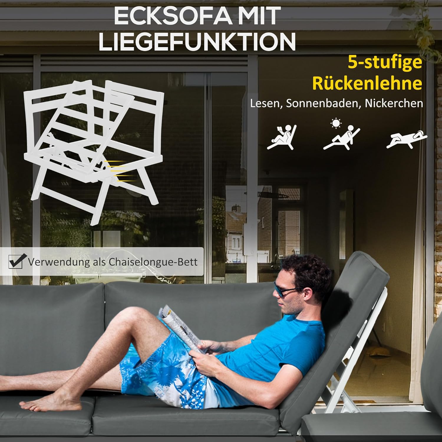 Outsunny 4-TLG. Gartenmöbel-Set, Gartenlounge-Set mit Ecksofa, Doppelsofa, Couchtisch, Sitzkissen, Gartensitzgruppe, Balkonmöbel-Set für Terrasse, Grau
