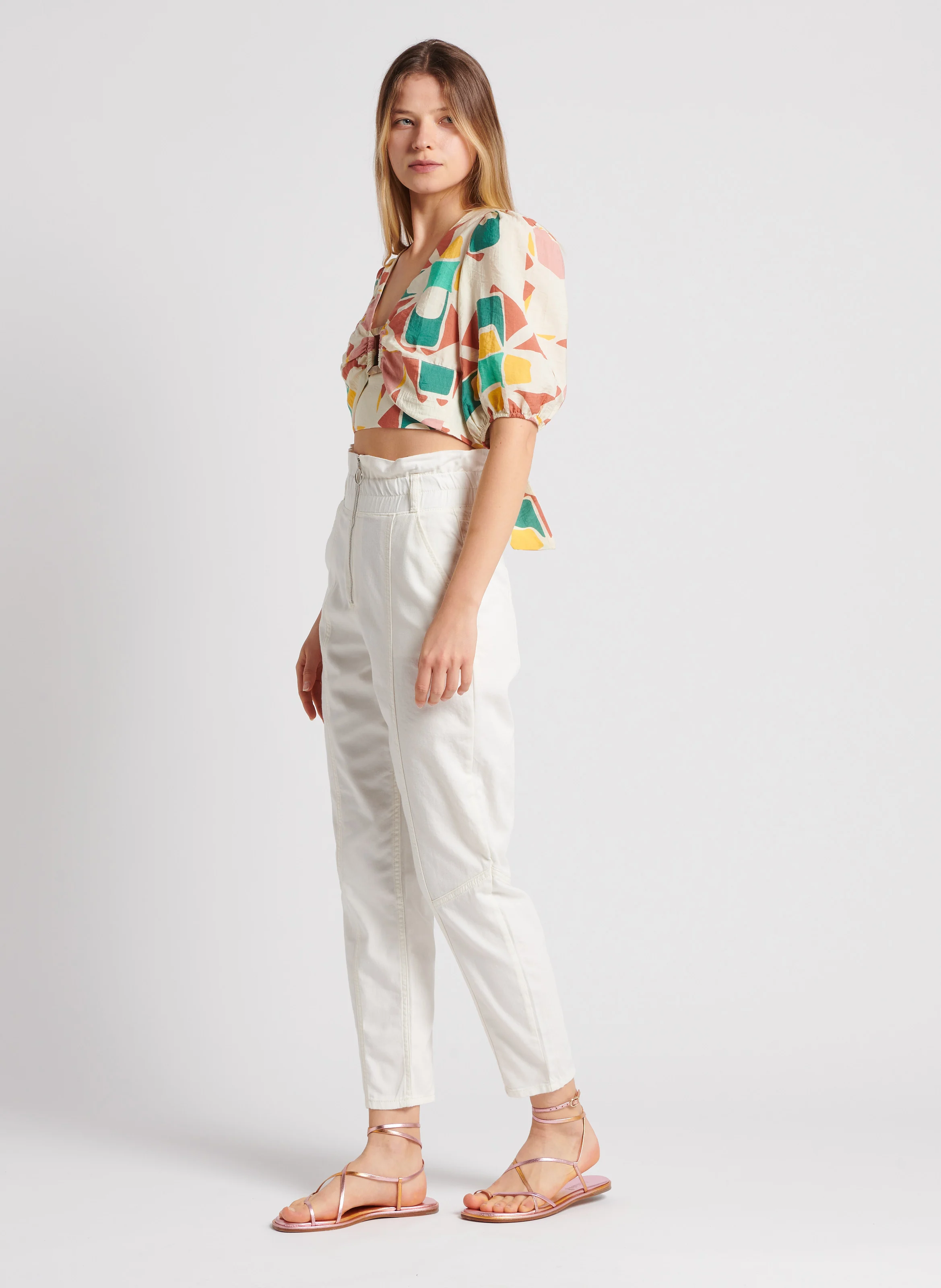 OMNY - Pantalon carotte taille haute en coton | Blanc