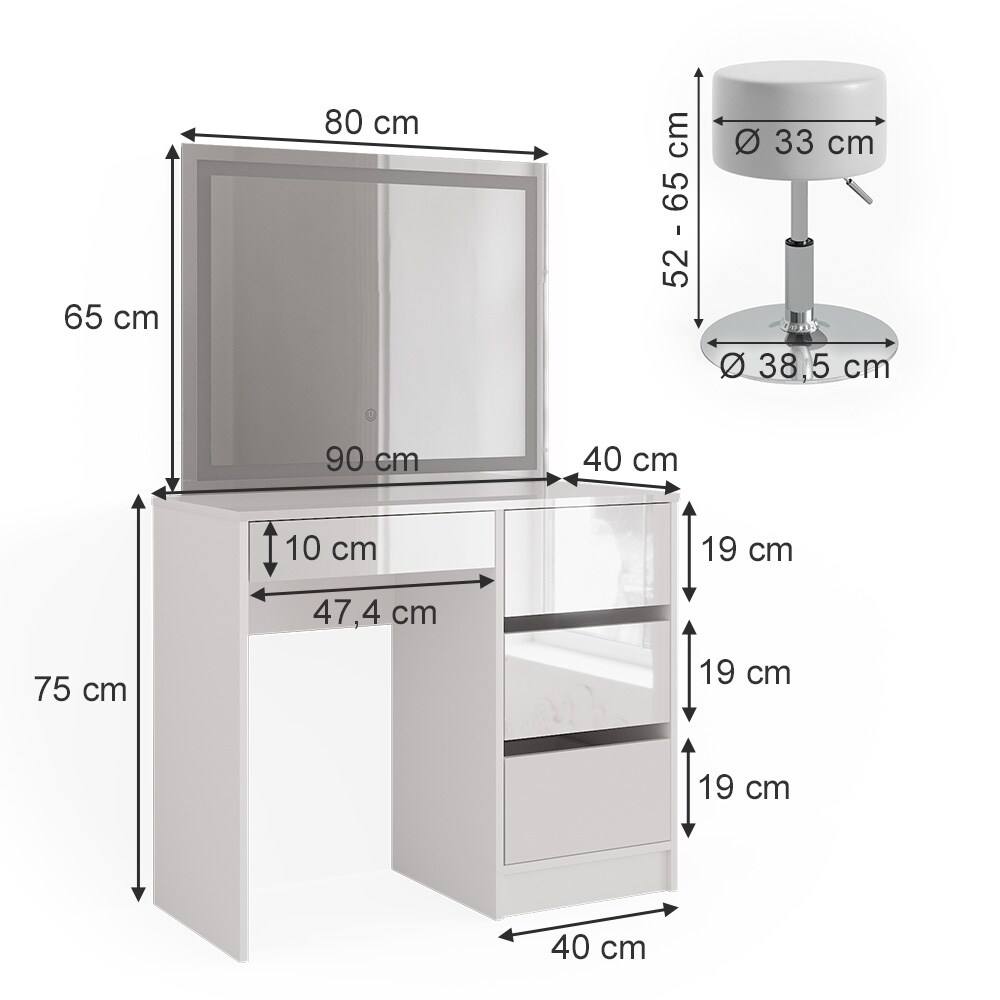 Vicco Schminktisch Sherry 90x75cm, Weiß, Frisiertisch mit Hocker + LED-Spiegel