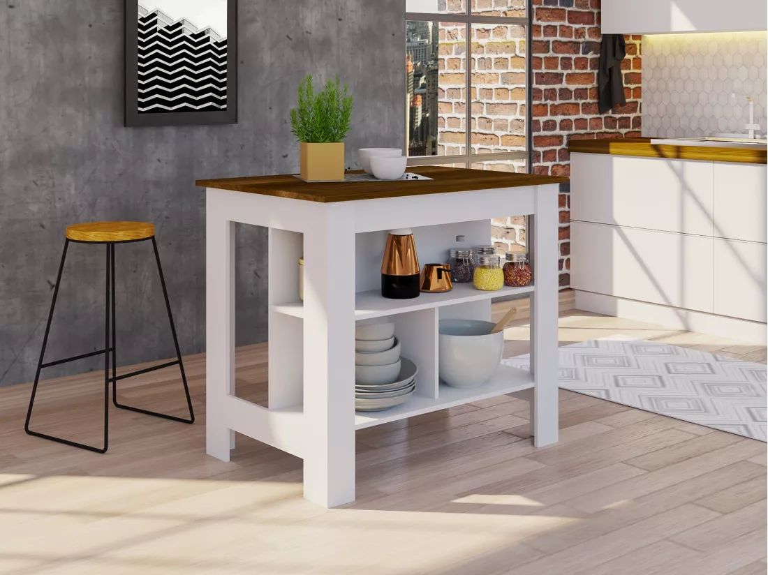 Îlot de cuisine Cala en mélamine avec trois étagères et quatre pieds , Blanc / Caramel 90 X 40.5 X 27.5 cm