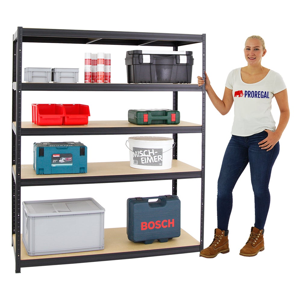 PROREGAL Heavy-Duty Plankkast Giant Elephant HxBxD 180 x 150 x 60 cm Plankdraagvermogen 200 kg Zwart