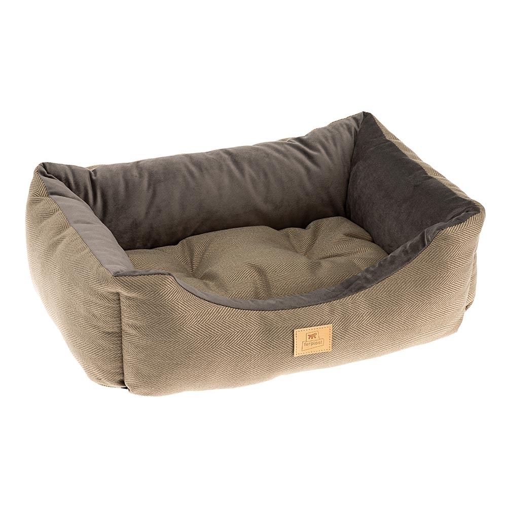 Lit chiens et chats couchage chester 60, avec coussin double-face, tweed et velours, lavable, marron