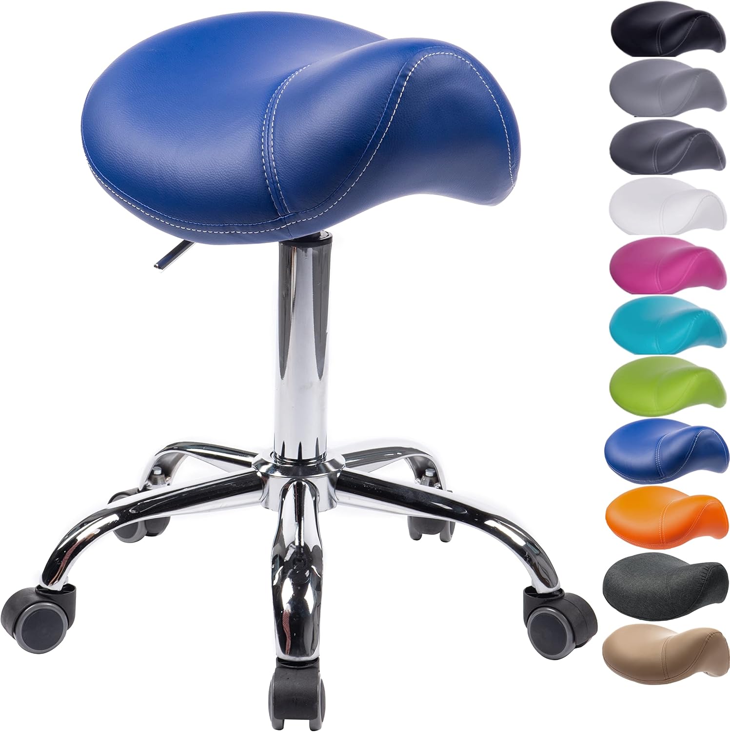 Sattelhocker Sattelstuhl MULY - Sitzhöhe bis ca. 74cm - ergonomischer Rollhocker Bürohocker Arzthocker Arbeitshocker Praxishocker Drehhocker (Lederimitat Royalblau)