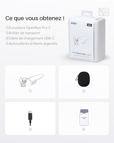 SHOKZ Casque à Conduction Osseuse OpenRun Pro 2 Mini, Écouteurs sans Fil Bluetooth 5.3, Microphones Réducteurs de Bruit, Étanchéité IP55, 12h d’Autonomie, Charge Rapide USB-C, Argent