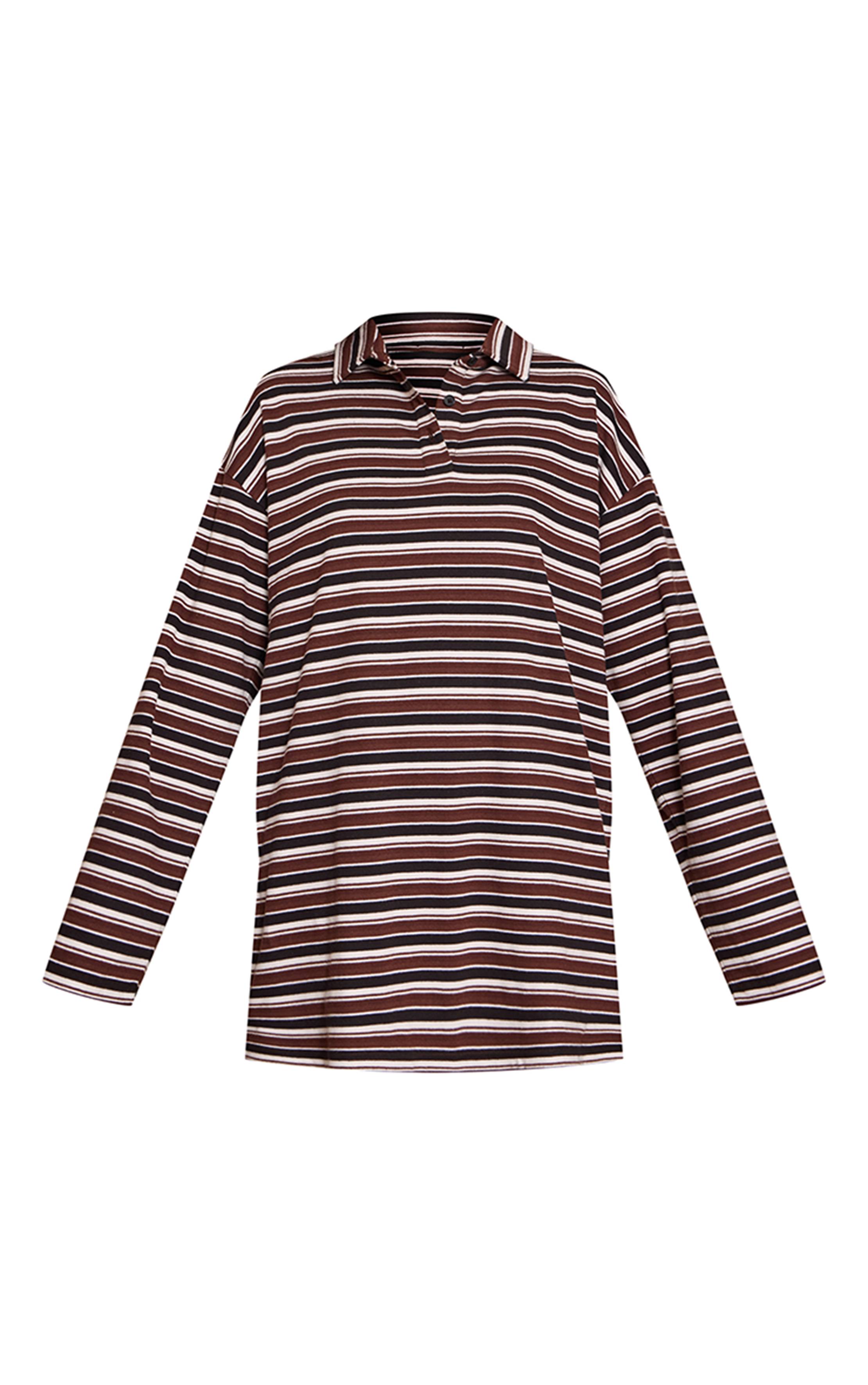 Marron Robe Droite À Manches Longues Et Col Rayé