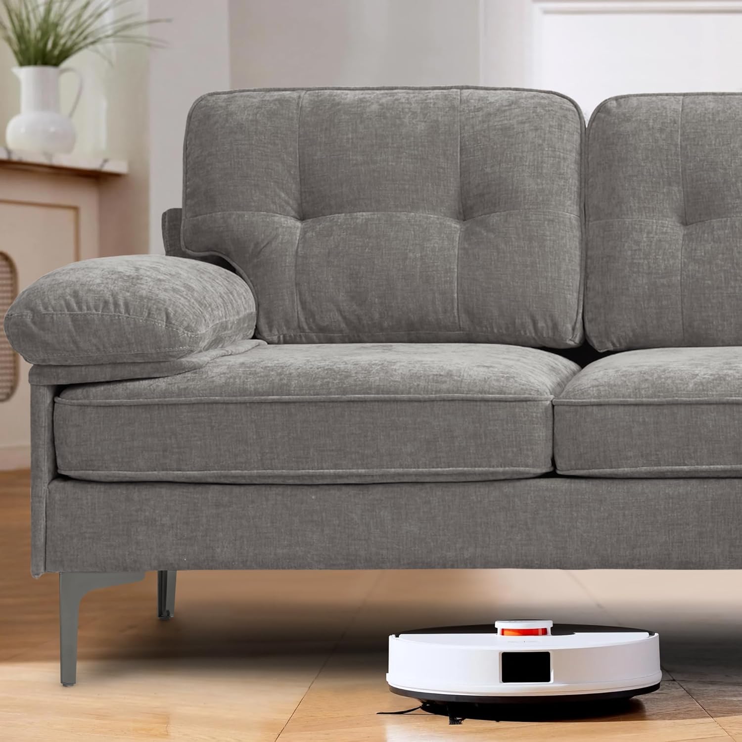Ecksofa 3-Sitzer Sofas 210cm breit Polsterecke mit Federkern Kissen und Rückenlehnen abnehmbar und waschbar - Chaiselongue beidseitig montierbar Couch L-Form fürs Wohnzimmer (Grau)