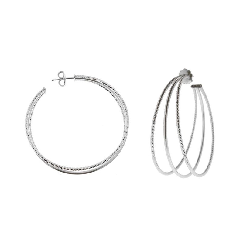 Boucles D'oreilles Créoles Trois Anneaux Grand Modèle Argent Rhodié Diamantée Et Lisse Diamètre 55mm