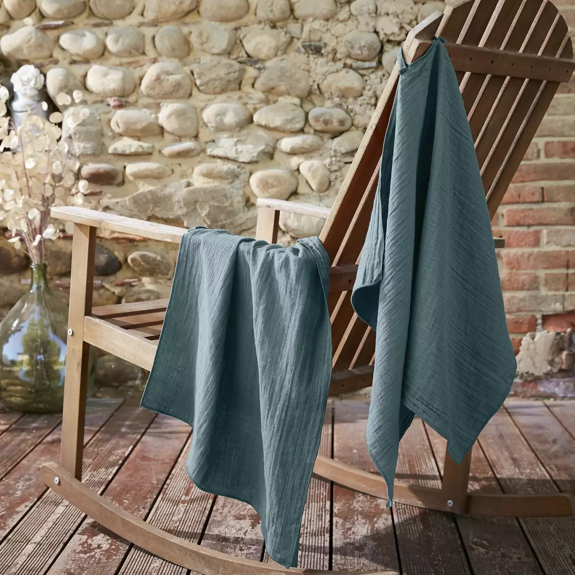 Lot de 2 essuie-mains gaze de coton (70 cm) Gaïa Bleu canard