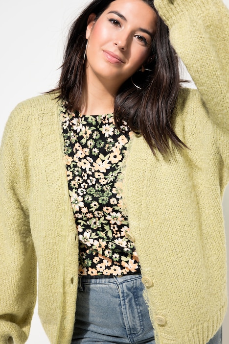 Strickjacke, oversized, Spitzenkante, Langarm