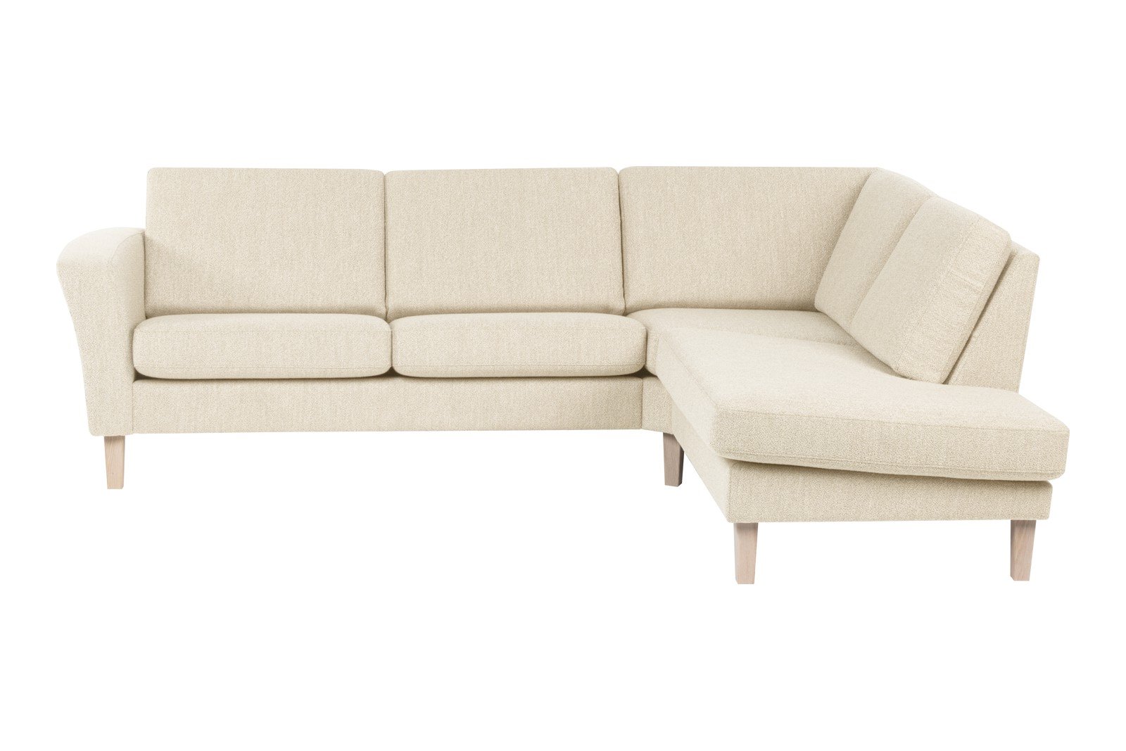 Slogen hjørnesofa Oppsett AH. 2,5-seter med åpen ende høyre. Tekstil Viva Marble med standard ryggpute. Vange A og hvitpigmentert ben 178.
