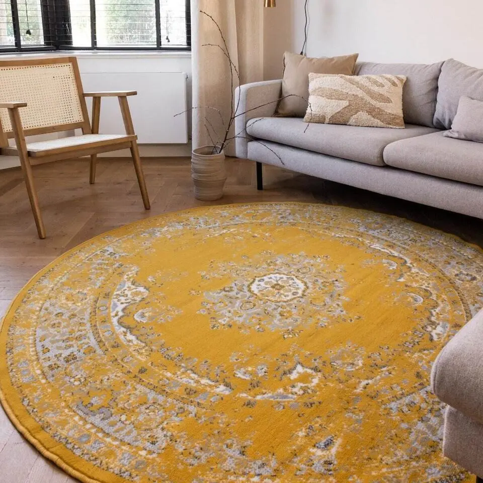 Interieur05 rond vloerkleed Keshan geel - 160 x 160 cm