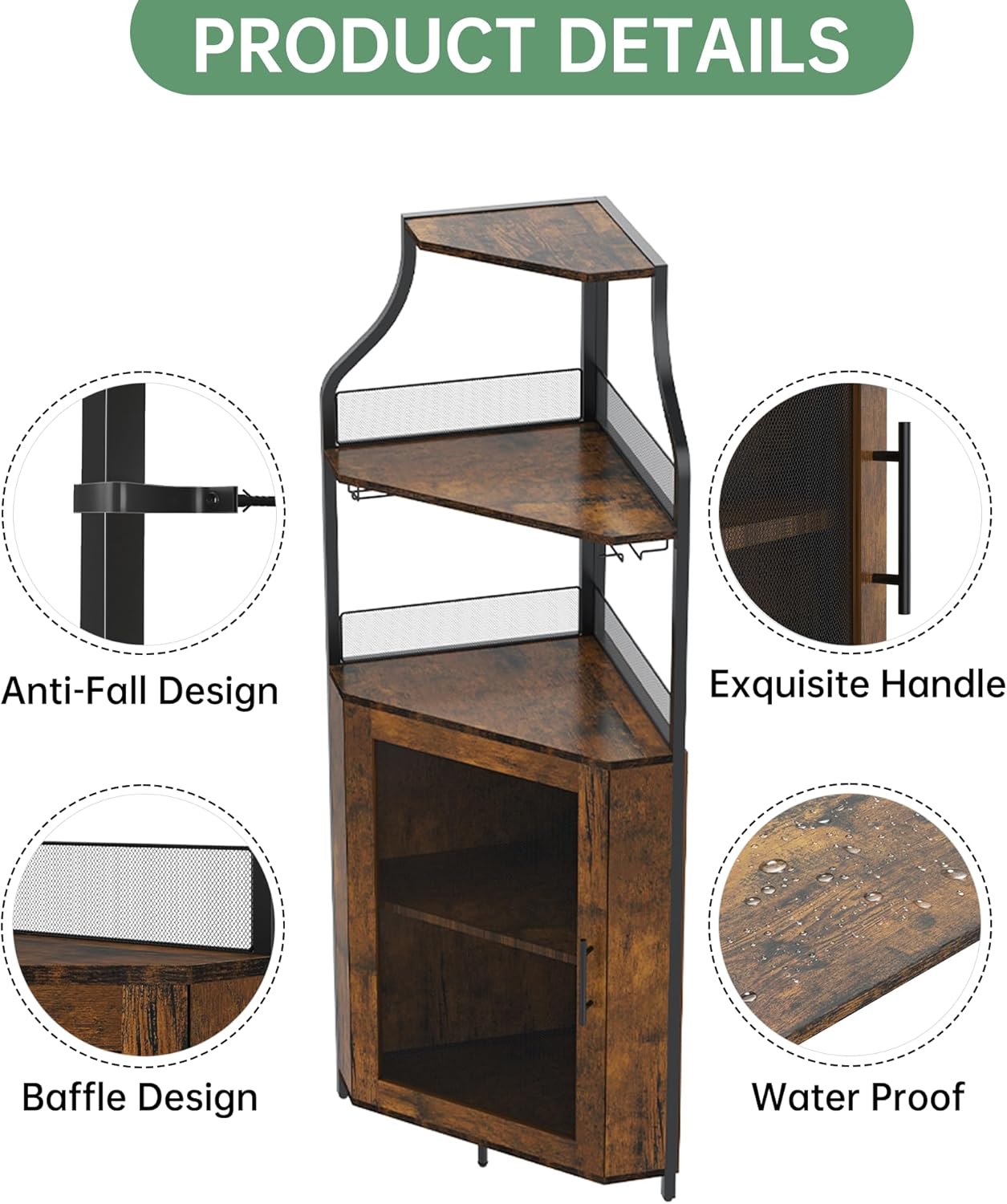 Eck-Weinschrank 154 cm – Bar Schrank Im Industrial Design Mit Glashalter, Gittertür & Verstellbaren Regalen – Platzsparender Eck-Barschrank Für Wohnzimmer, Küche & Esszimmer,Vintage-Farbe