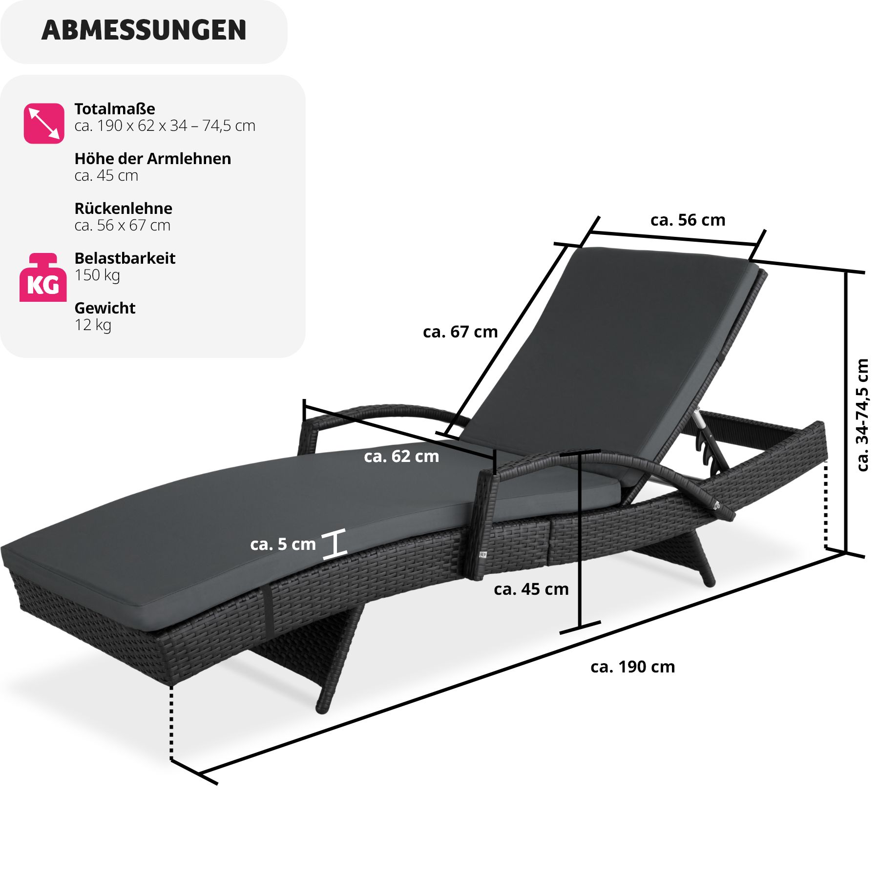 tectake® Rattan Sonnenliege, mit Aluminiumgestell, UV-beständig, 190 x 62 x 34 – 74,5 cm