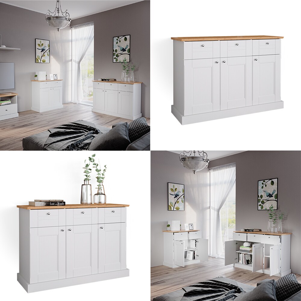 Vicco Sideboard Kommode Mehrzweckschrank Bergamo Weiß Eiche Wohnzimmer Schrank 121x87 cm Vintage Ablage Schublade Schranktür Anrichte Wohnzimmermöbel