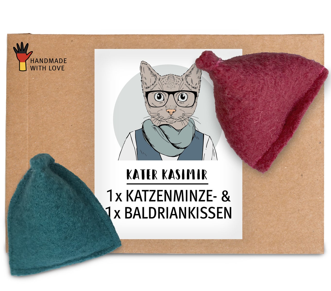 Speelkussen voor katten, gemaakt van zuiver scheerwol met een heerlijke vulling van kattenkruid en betoverende valeriaan. Handgenaaid in Duitsland.