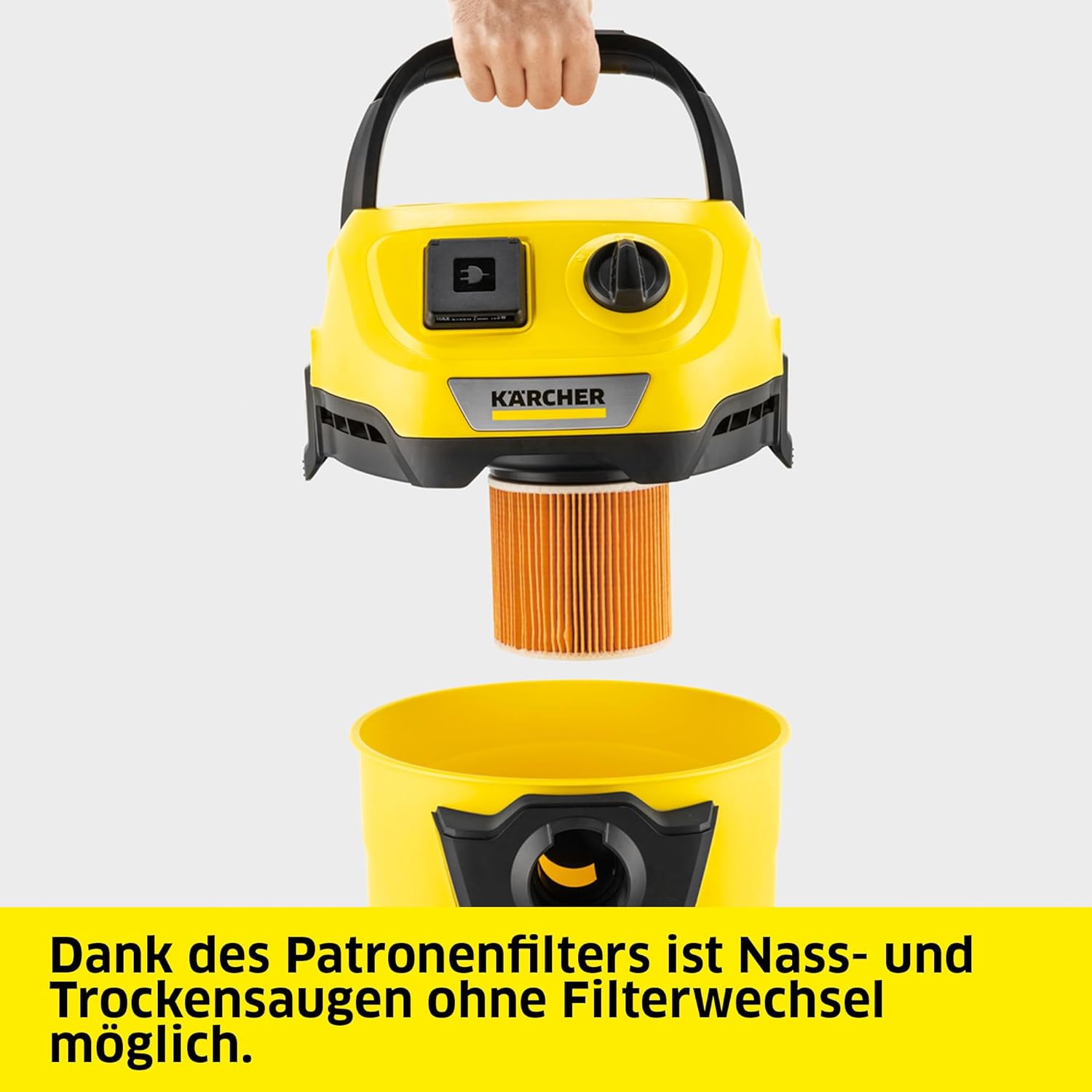 Kärcher Nass-/Trockensauger WD 3 P V-19/4/20, inkl. Patronenfilter, Vliesfilterbeutel, 1.000 W, Kunststoffbehälter: 19 l, Saugschlauch: 2 m, integrierte Steckdose für Elektrowerkzeuge