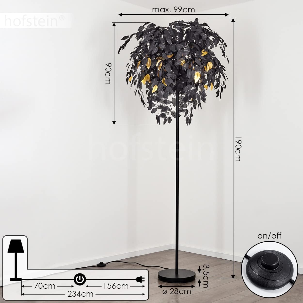Stehleuchte Kallax, Stehlampe aus Metall/Kunststoff in Schwarz/Goldfarben, Standlampe mit Schirm in Blatt-Optik, Höhe 190 cm, mit Fußschalter am Kabel und Lichteffekt, 3 x E14, ohne Leuchtmittel