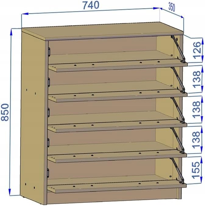 MATKAM Schuhschrank 5S in moderner Optik, B 74 x H 85 x T 35 cm, laminierte Möbelplatte 16 mm, mit Rückwand, 5 ausklappbare Schuhablagen, Jede mit Zwei Griffen zum Aufmachen (Grau-Wotan Eiche)